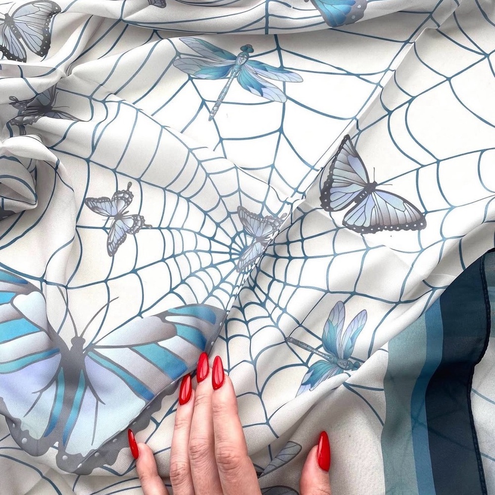 Butterflies caught in SPIDERWEB satin/chiffon scarf, limited edition